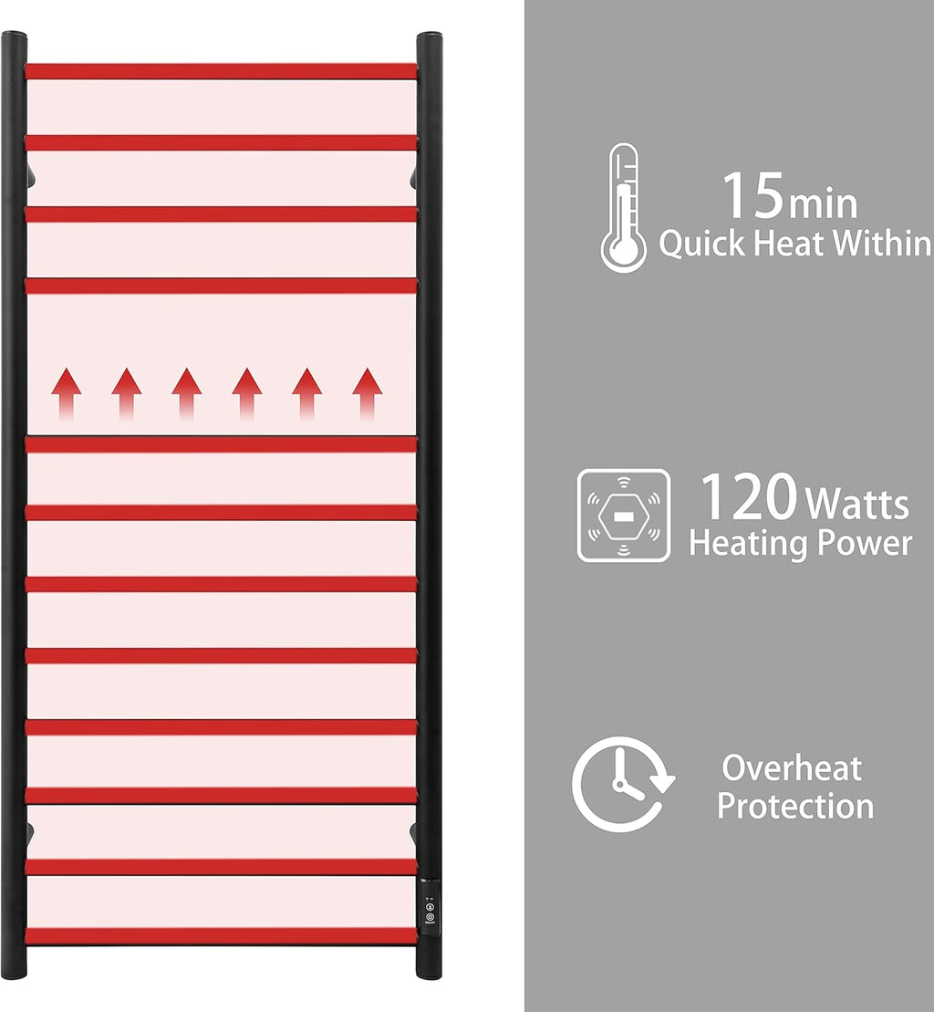 KEG Towel Warmer Wall Mounted with Built-in Timer 12 Bars Electric Stainless Steel Heated Towel Racks for Bathroom, Hot Plug-in Bath Towel Heater Matte Black
