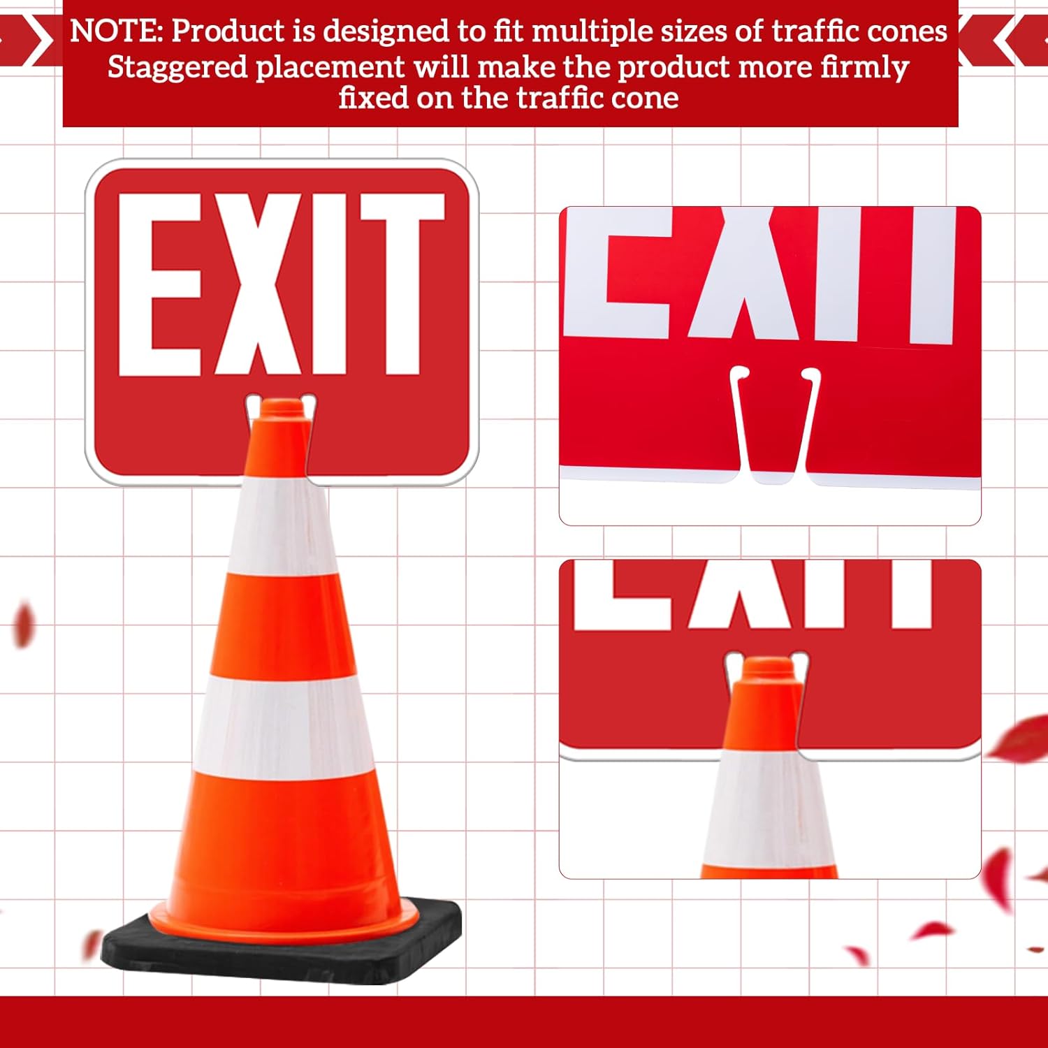 Geetery 3 Pcs Exit Traffic Cone Signs, Double Sided Printing, 10" x 13" Warning White and Exit Red Background Road Cone Top Signs
