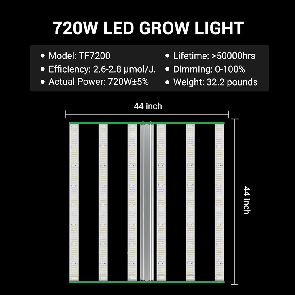 RDJ Bouns 720W LED Grow Light for 4x4/5x5 Grow Tent, Wide Body 6 Bar 100V-277V LM281B+ and EPI Diodes, Full Spectrum Commercial, Overall Size 44" x 44", Daisy Chain Dimmable, Perfect for Indoor Garden