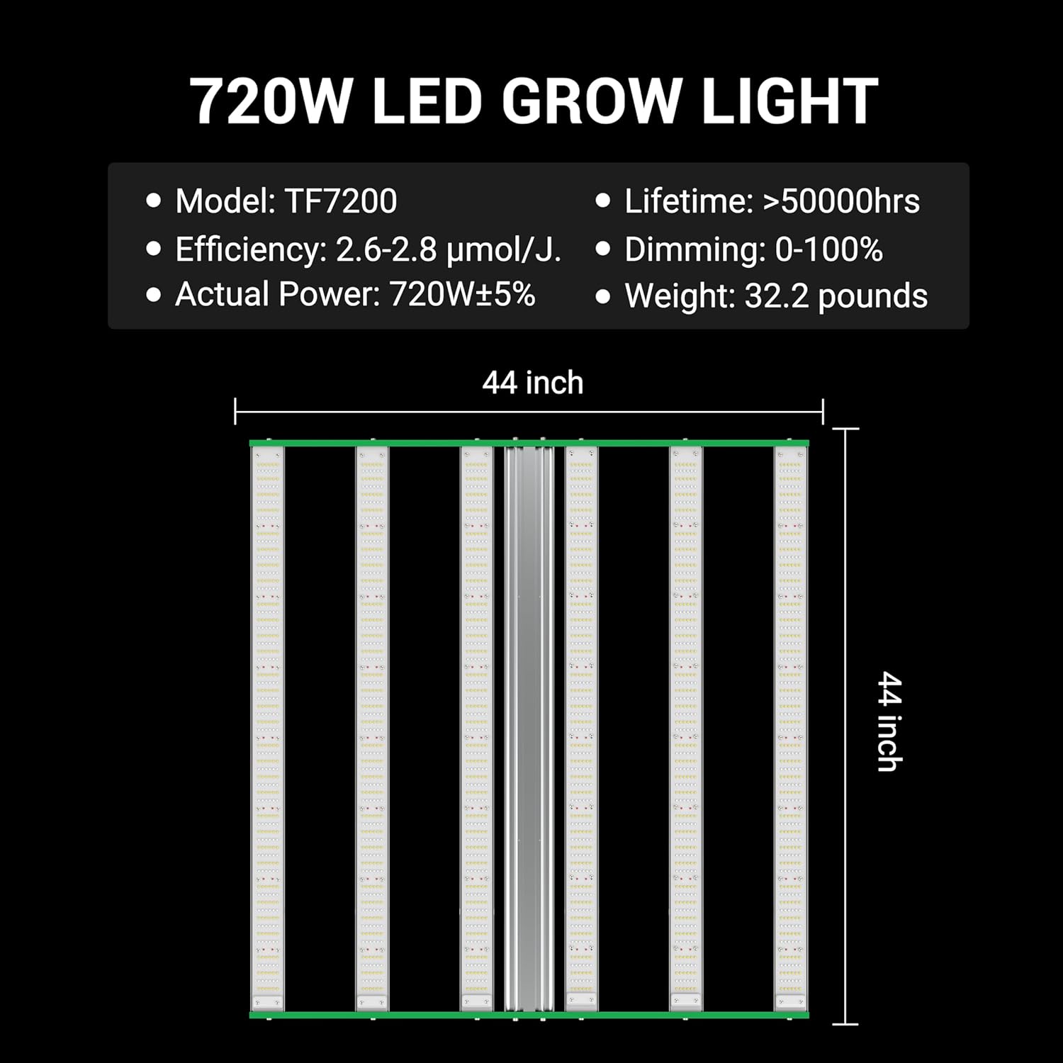 RDJ Bouns 720W LED Grow Light for 4x4/5x5 Grow Tent, Wide Body 6 Bar 100V-277V LM281B+ and EPI Diodes, Full Spectrum Commercial, Overall Size 44" x 44", Daisy Chain Dimmable, Perfect for Indoor Garden
