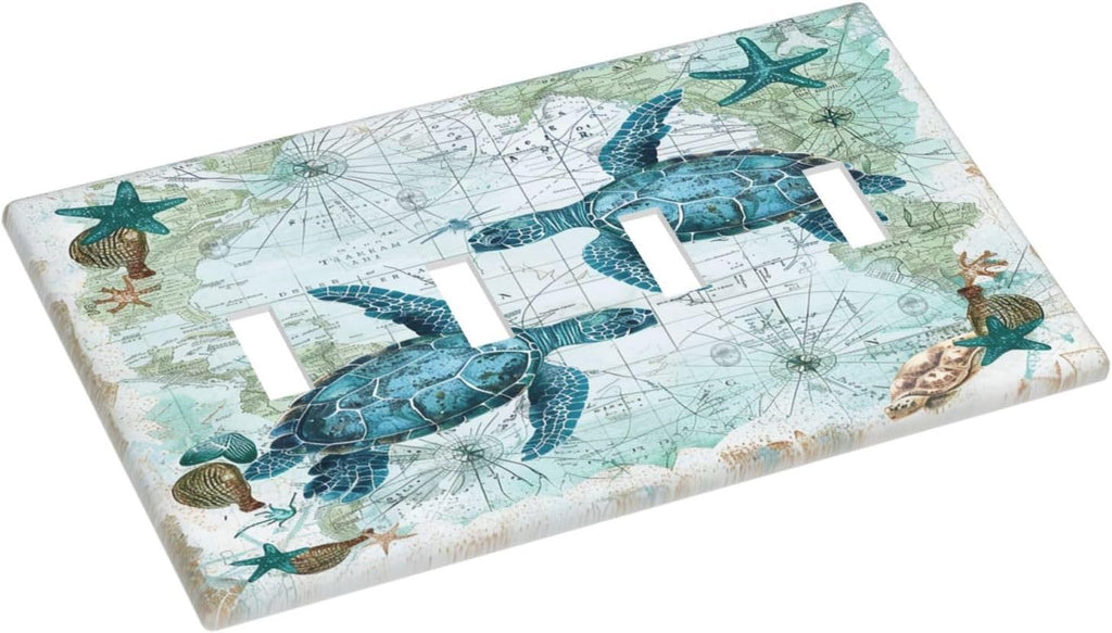 Light Switch Covers Nautical Green Sea Turtles Beach Blue Ocean Quad Toggle Electrical Faceplate 4 Gang Wall Plate Decorative Switch Plates For Bathroom Kids Room Decor