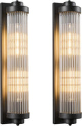 Black Wall Sconces Set of Two with Crystal Glass Strip Bathroom Sconces 2 Light E12 Base Modern Wall Lights for Bedroom Living Room Hallway Wall Light Fixtures