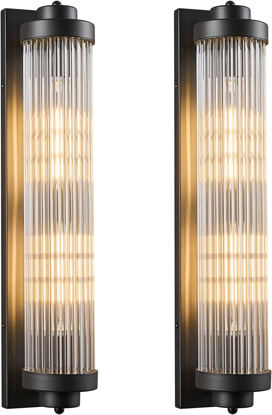Black Wall Sconces Set of Two with Crystal Glass Strip Bathroom Sconces 2 Light E12 Base Modern Wall Lights for Bedroom Living Room Hallway Wall Light Fixtures