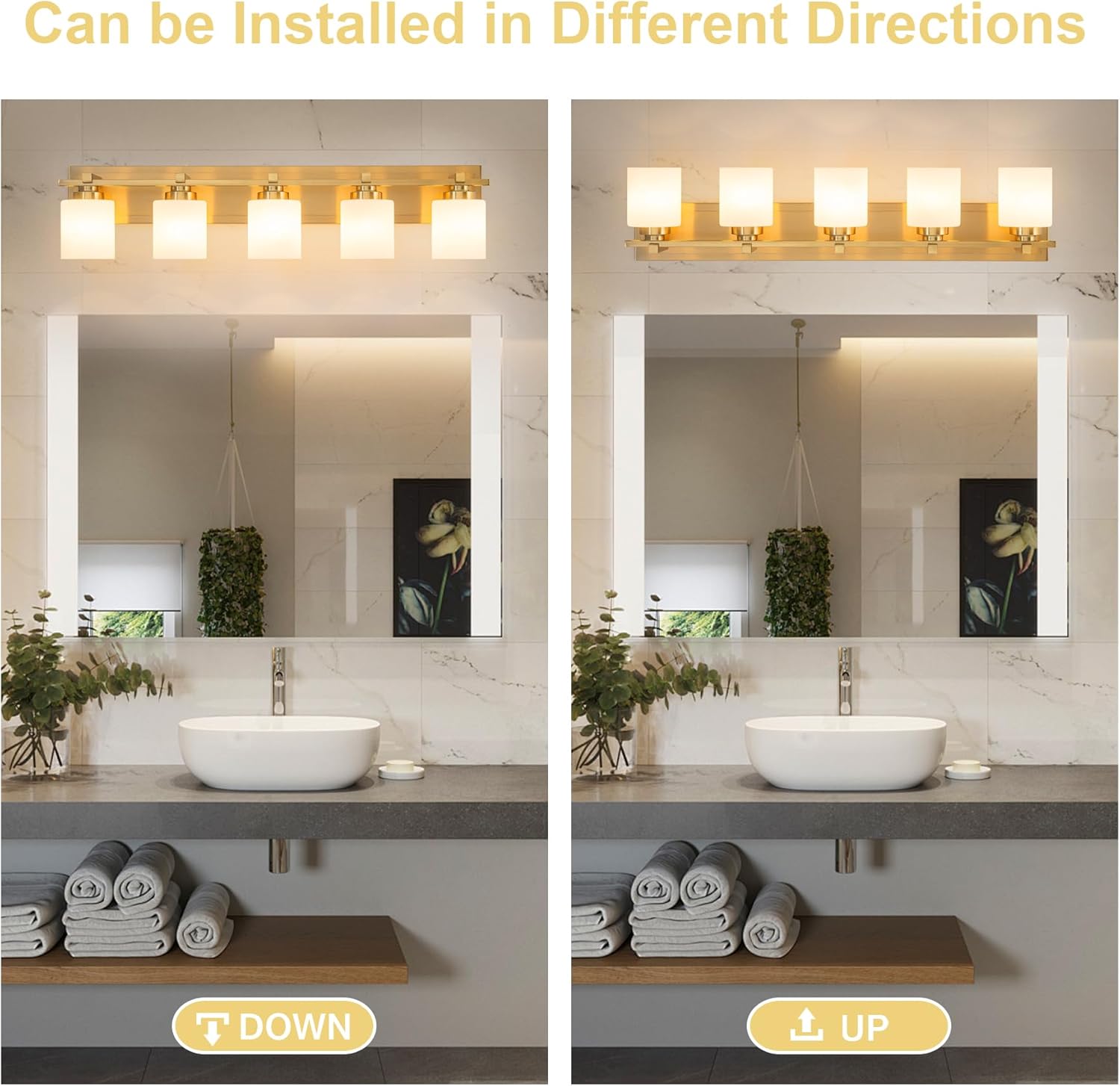 5 Light Modern Bathroom Light Fixtures Over Mirror, Brass Finish Vanity Lights for Bathroom Wall Sconces with Milky White Glass Shades, E26 Socket (Bulbs Not Included)