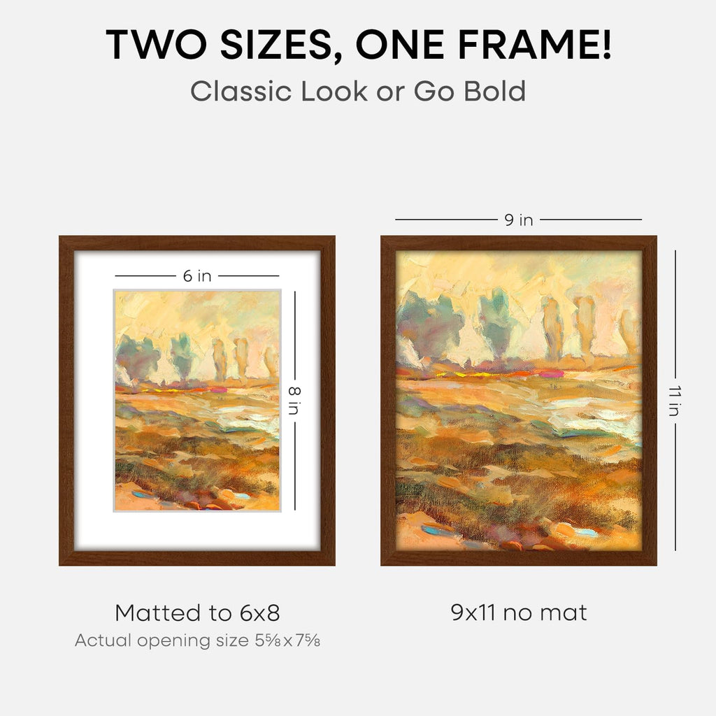 Homeforia 9x11 Picture Frame Brown, High End Dark Oak 9 x 11 Walnut Wooden Frames with Mat 6 by 8 Photo, 11x9 Wood Frame Matted to 6x8 Print, Wall or Tabletop Frame, Tempered Glass, Wall Kit, Set of 1