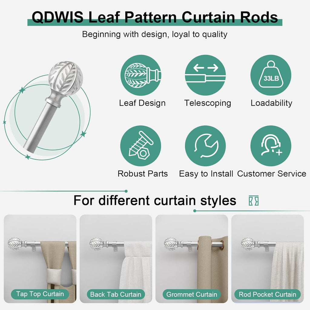 Silver Curtain Rods for Windows 72 to 144 inch,1" Adjustable Heavy Duty Window Curtain Rod Leaf Finials,Rustic Decorative Drapery Rods Set,Size:36-150''