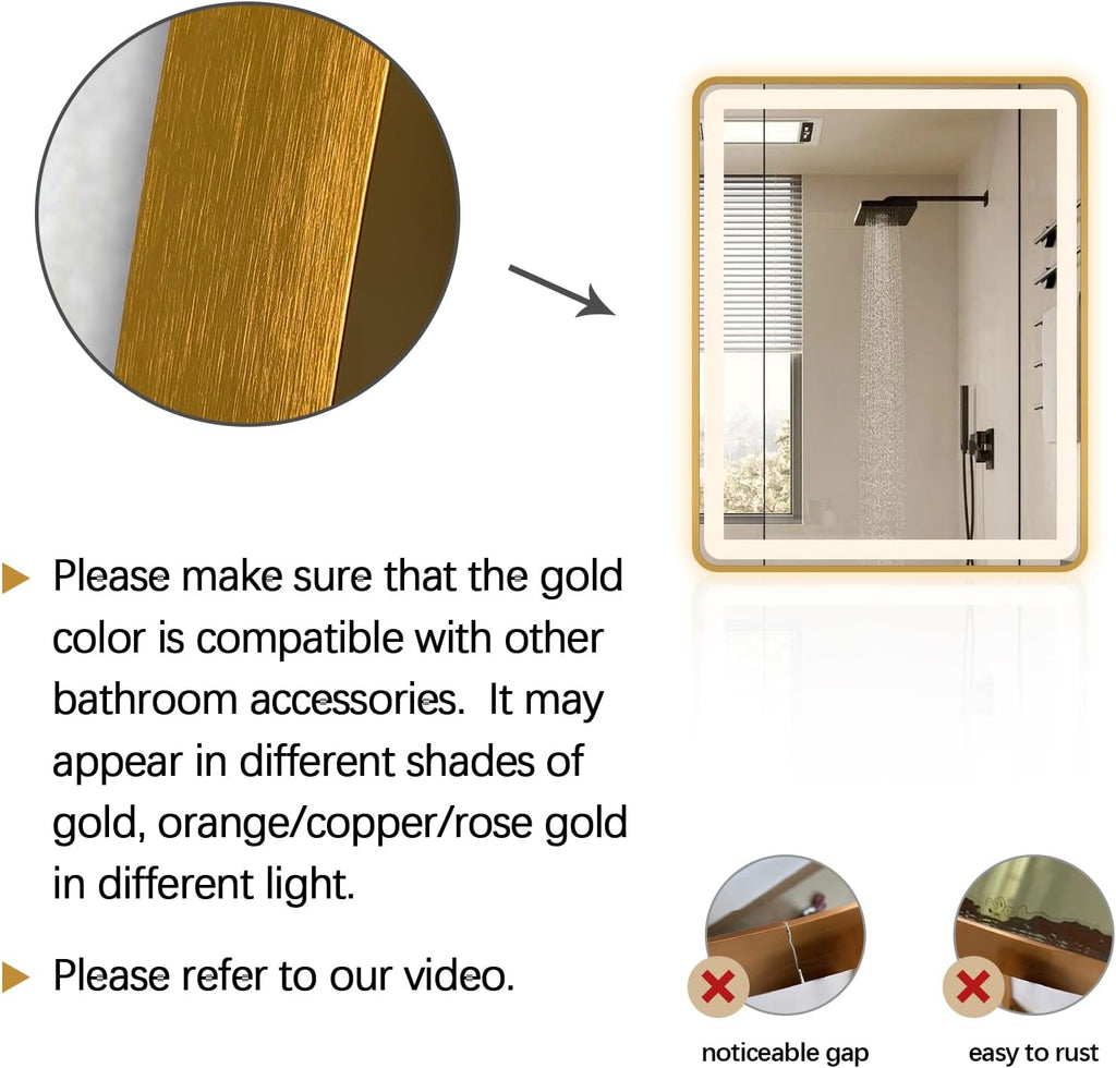 Rectangle LED Bathroom Mirror, 36"x28" Anti-Fog Double Touch Lighted Wall Vanity Mirror 45° Beveled Metal Frame Stepless Adjustable Color Temperature Smart Mirror 3000K-6000K, Gold