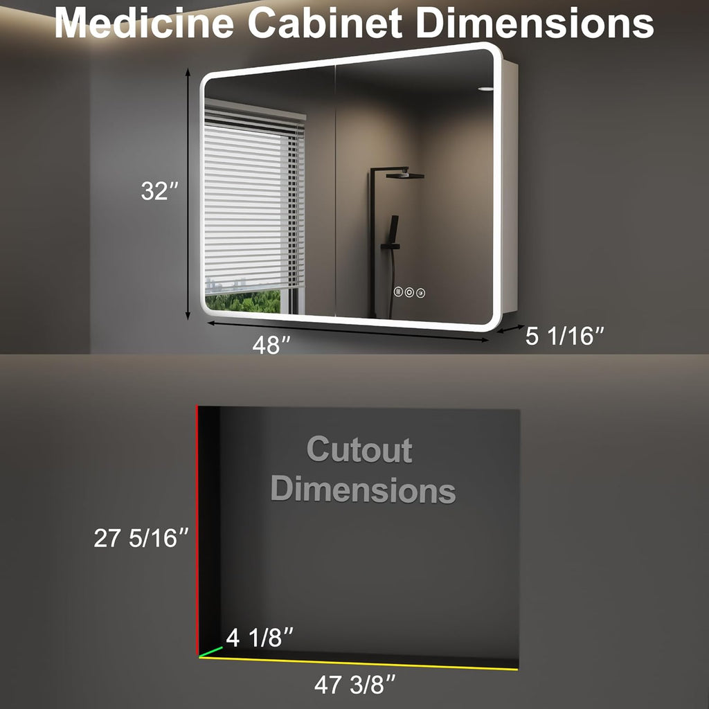Medicine Cabinet with LED Lights and Mirror, 48 x 32 Inch Surface or Recessed Mounted Bathroom Cabinets with Door, Defogger, Memory Function, 3-Color Mode, Outlet&USB, Dimmer, Storage