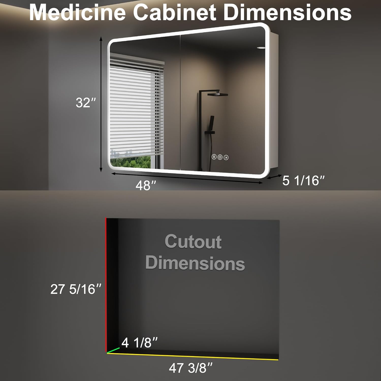 Medicine Cabinet with LED Lights and Mirror, 48 x 32 Inch Surface or Recessed Mounted Bathroom Cabinets with Door, Defogger, Memory Function, 3-Color Mode, Outlet&USB, Dimmer, Storage