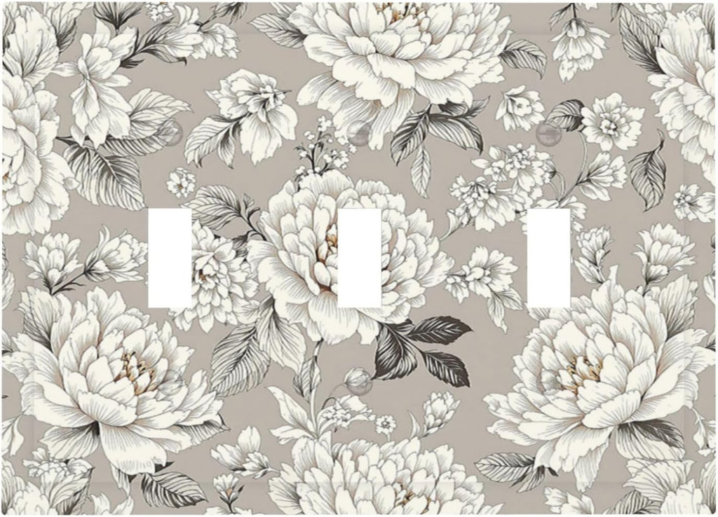 White Poppies Floral Modern Grey Peonies Flowers Decorative Switch Plates 3 Gang Wall Plate Triple Toggle Light Switch Cover Electrical Wall Panels Faceplate for Bedroom Bathroom Decor