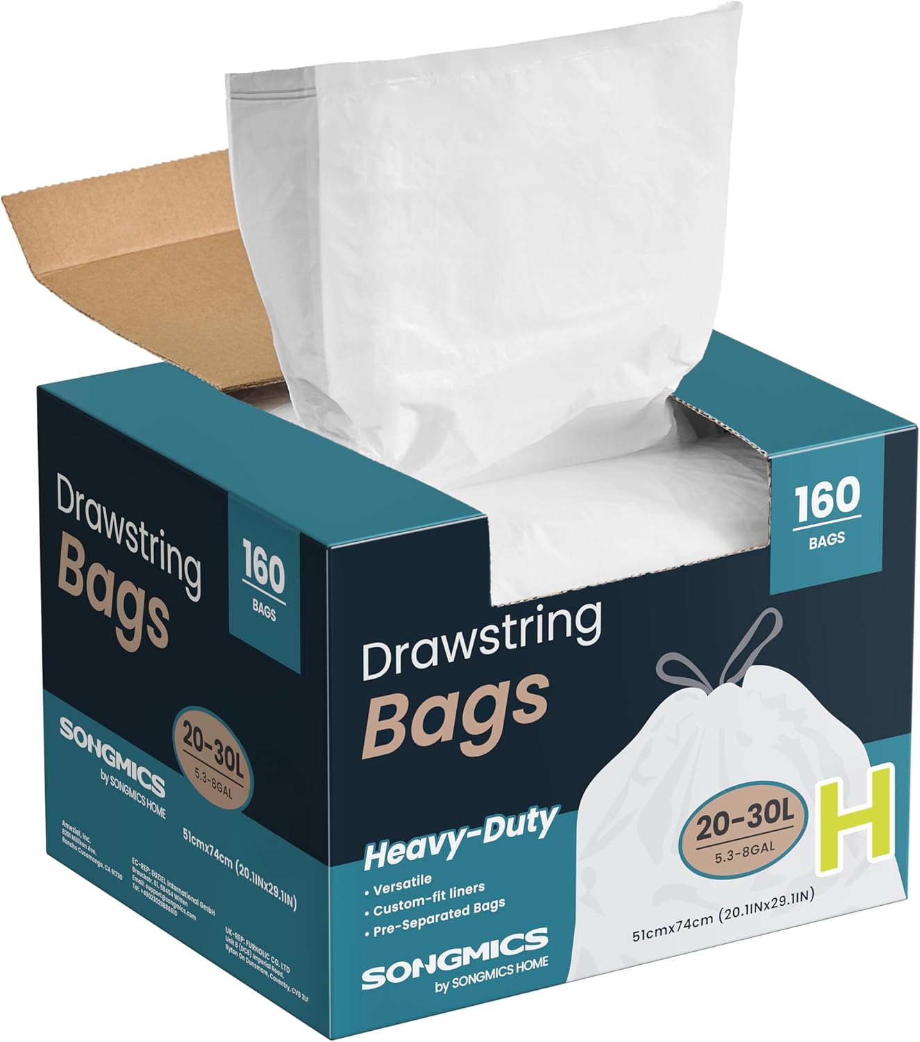 SONGMICS Trash Bags for 8-Gallon (30 L) Trash Cans, Drawstring Kitchen Garbage Bags, Pre-Separated, Quick-Dispense Box, Liner Code H, 4 Rolls, 160 Count, White UKRB031A04