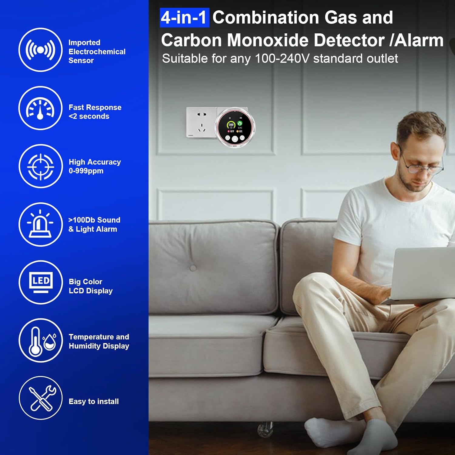 4 in 1 Carbon Monoxide Detectors Plug in, Real-Time Monitor CO & Gas Leak Detector with Temp/Humidity Display, Portable Carbon Monoxide (CO) Alarm Natural Gas Detector for Home, RV Camping Essentials