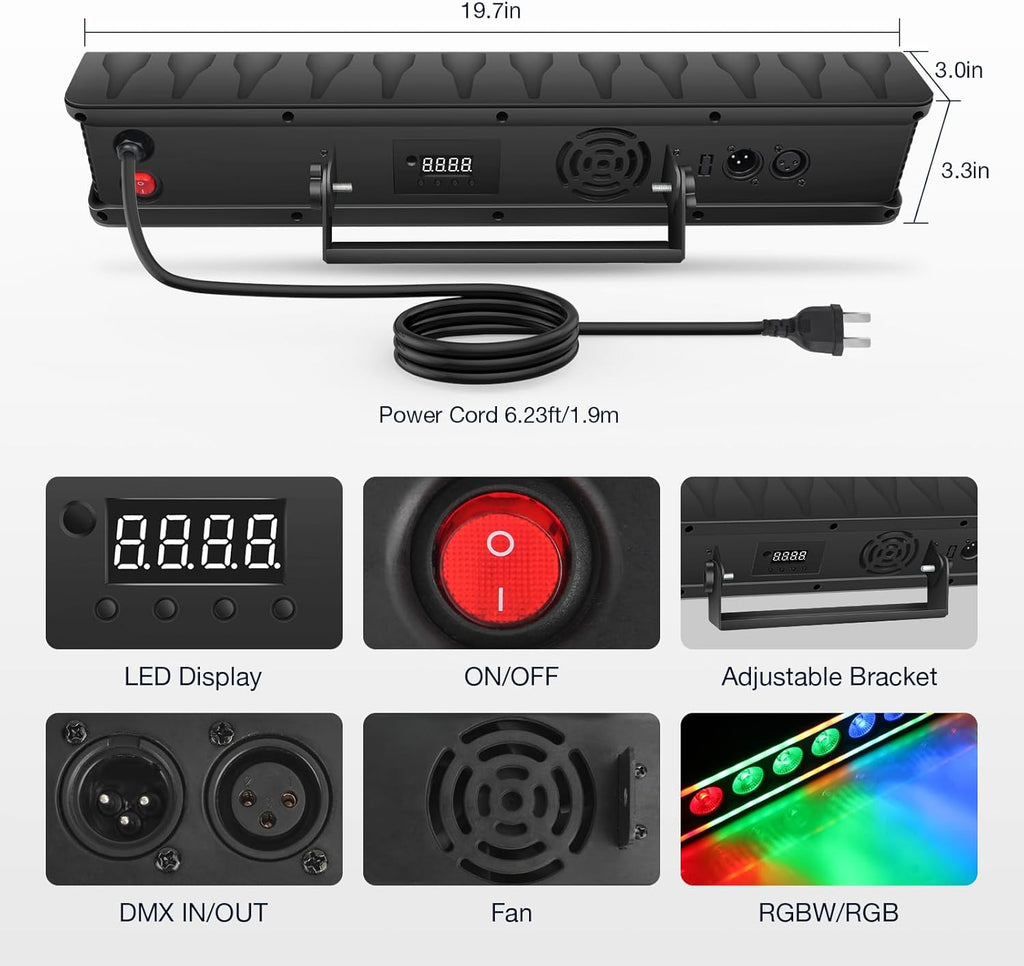 LED Stage Wash Light Bar: Dual-Row Pixel LED Strips Flanked with RGBW Beam - 60W 4IN1 RGBW Color Changing - DMX Control by DJ Party Planner - Uplights for Wedding Christmas Music Show Band - 2 Pack