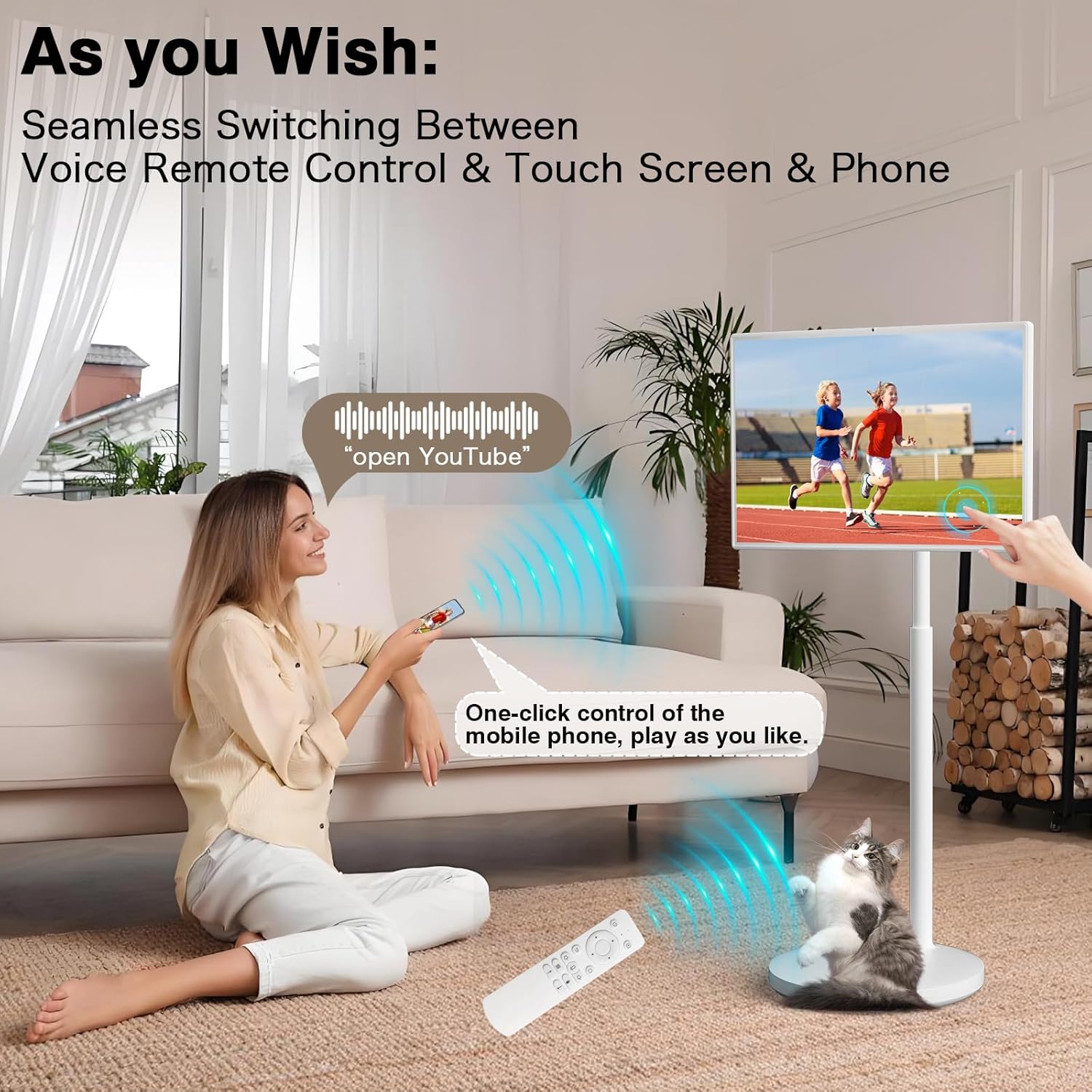 Portable Smart Screen On Wheels, 4K Touchscreen Display, Build-in 4K Camera, Rolling TV Android 13 OS, Built-in Battery (5-8H), Remote Control, 8+128GB Storage (White/32 inches Ultra)