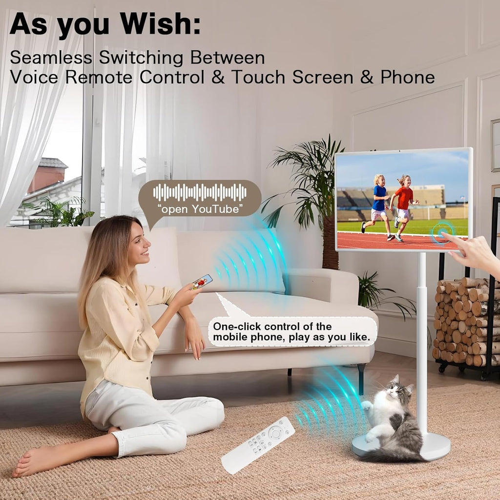 yezrow® Portable TV on Wheels, UHD 4K Portable Touch Screen Monitor, 8+128GB, Android 13 (Support Google Play Store), Built-in Battery(5-8H), Full Swivel Rotation, Voice Remote Control (32 inches Pro)