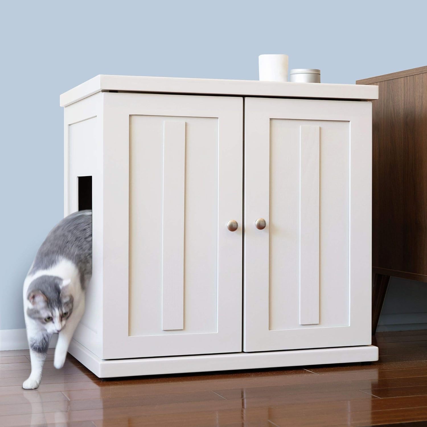 THE REFINED FELINE Cat Litter Box Enclosure Cabinet, Shaker, White, Adjustable Levelers, Large, Hidden Litter Cat Furniture with Drawer