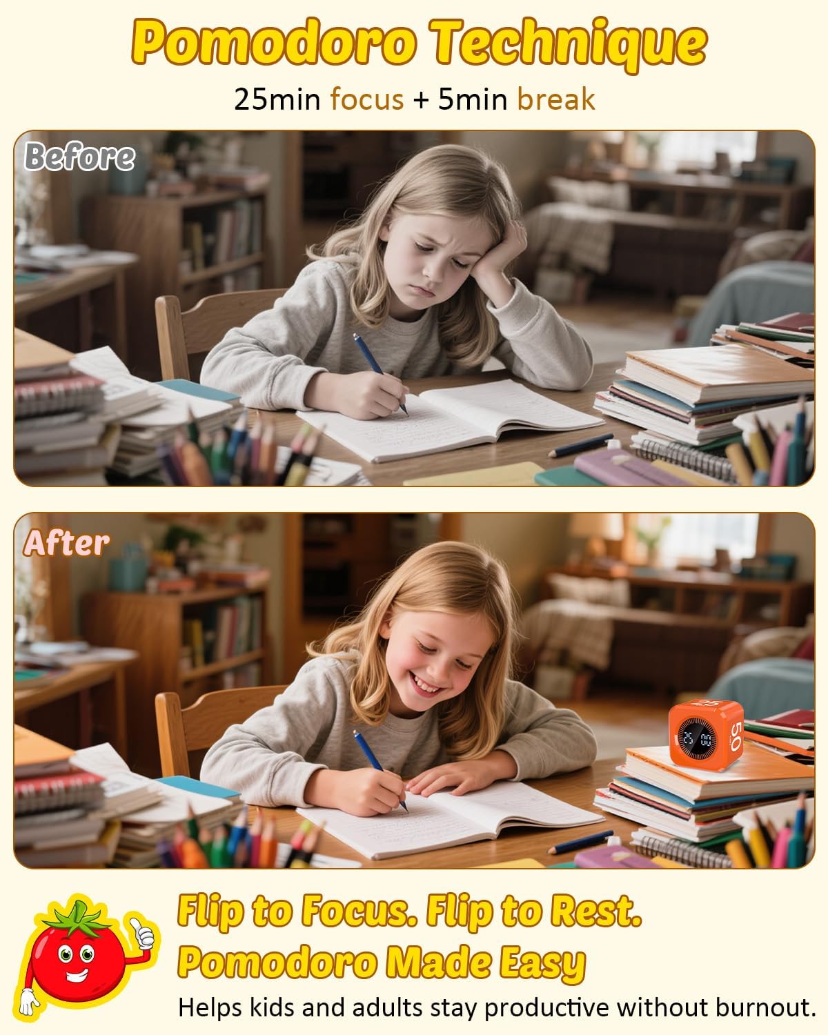 Pomodoro Timer Cube Visual Productivity Flip Timer for Kids Classroom Desk, 5/10/25/50min&Custom Countdown, Silent&Sound Mode Digital Cube for ADHD Study Work School Game Kitchen (Orange)