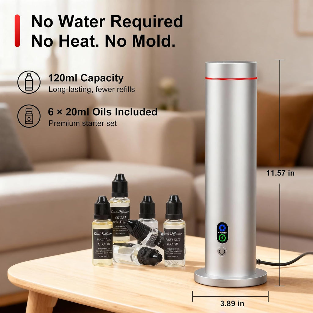 Maromalife Waterless Diffuser, 1000 Sq.Ft Coverage, Essential Oil Diffuser with Tilt-Safe, Remote Control, Adjustable Mist, Mood Lights Aromatherapy Diffuser for Home, Room, Office, Hotel, Silver