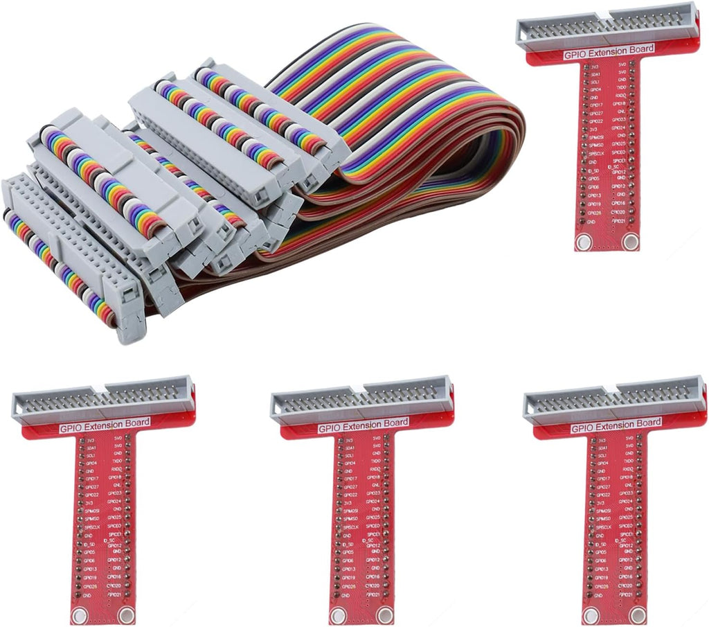 Quluxe 4 Set Flat Ribbon Cable RPi GPIO Breakout Expansion Board with Ribbon Cable Assembled T Type GPIO Adapter FC40 40Pin for Raspberry Pi B+ Kit