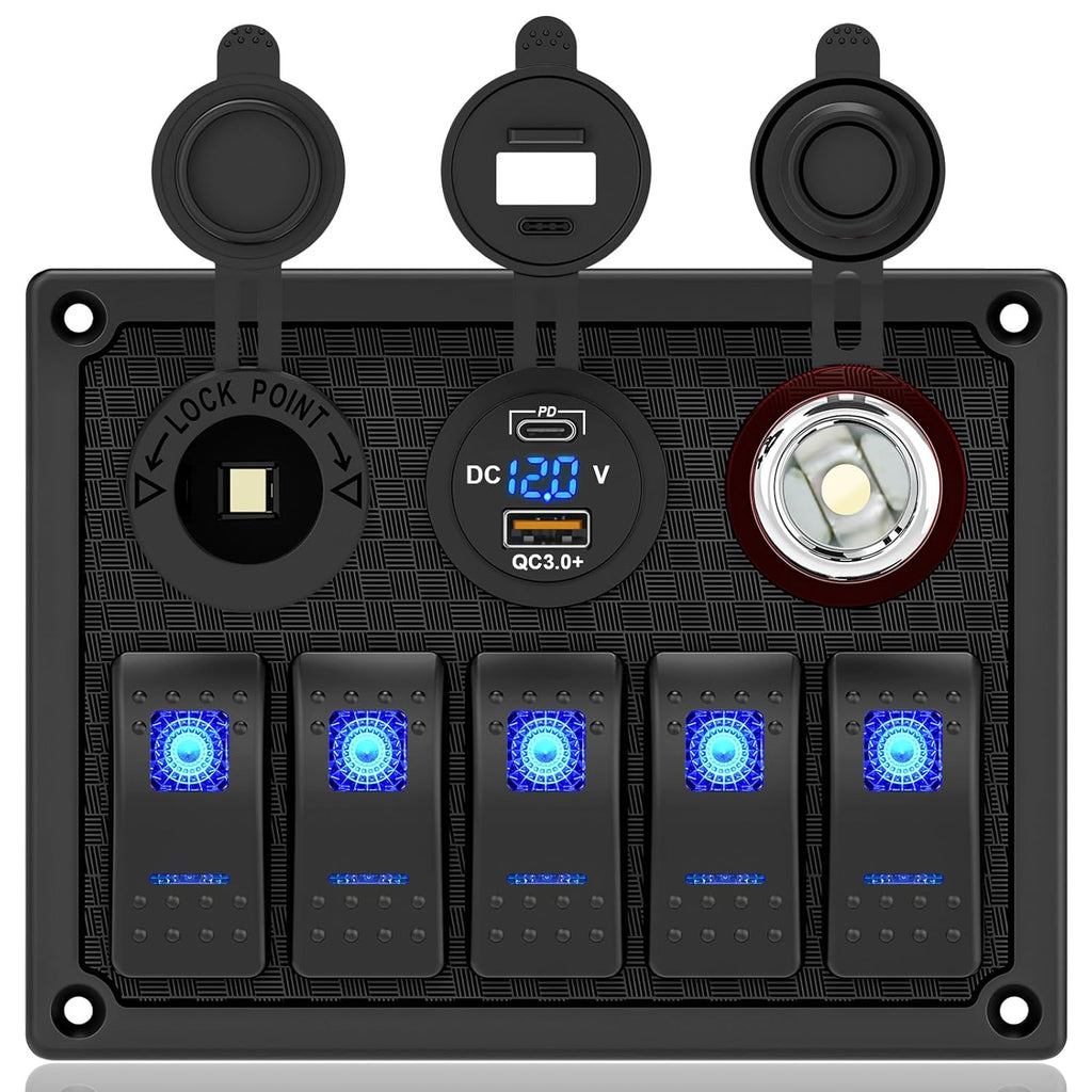 Marine Boat Rocker Switch Panel,Waterproof 5 Gang Toggle Switch Panel with Dual USB and Voltmeter Panel for RVs, Cars, Boats, Trucks,Trailers - 12-24V