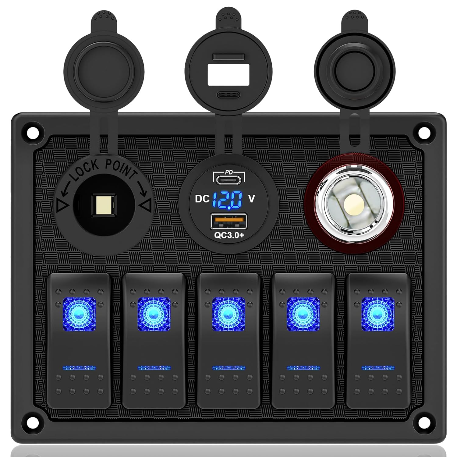 Marine Boat Rocker Switch Panel,Waterproof 5 Gang Toggle Switch Panel with Dual USB and Voltmeter Panel for RVs, Cars, Boats, Trucks,Trailers - 12-24V