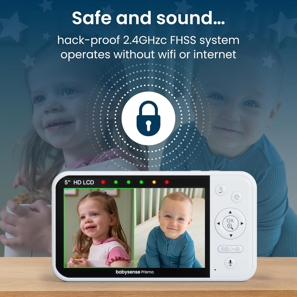 Babysense Prisma Baby Monitor with Camera and Audio, 5” HD Video Baby Monitor, 6-Color Night Light, Split Screen, Baby Sound Machine with White Noise & Lullabies, Secure No WiFi