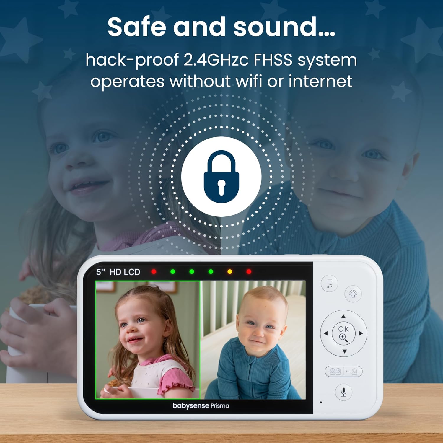 Babysense Prisma Baby Monitor with Camera and Audio, 5” HD Video Baby Monitor, 6-Color Night Light, Split Screen, Baby Sound Machine with White Noise & Lullabies, Secure No WiFi