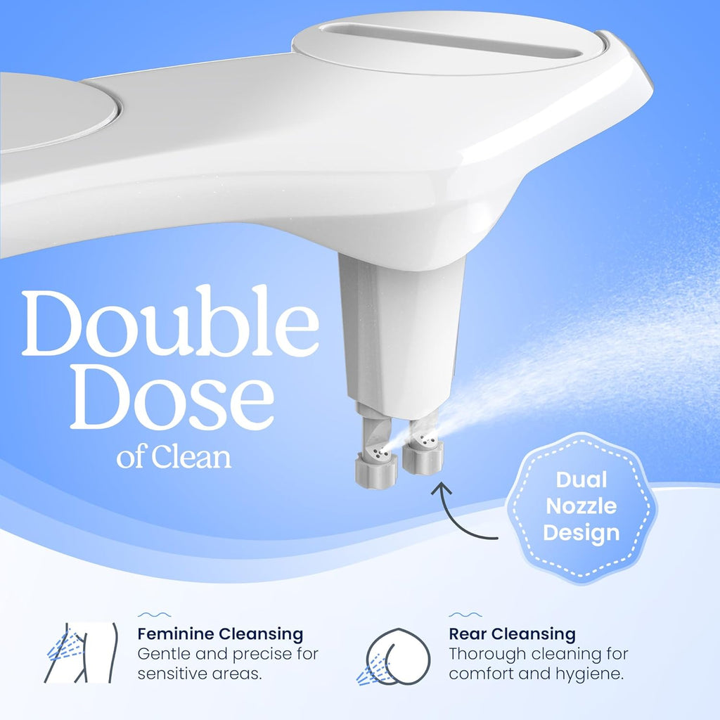 CLEAR REAR Bidet Attachment for Toilet Seat - Non-Electric, Self-Cleaning Dual Nozzle, Adjustable Water Pressure, Rear & Feminine Wash Hygienic Bathroom Upgrades - Fits Elongated Toilets (2 Pack)
