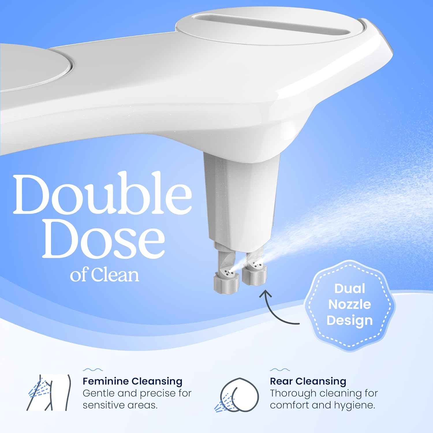 CLEAR REAR Bidet Attachment for Toilet Seat - Non-Electric, Self-Cleaning Dual Nozzle, Adjustable Water Pressure, Rear & Feminine Wash Hygienic Bathroom Upgrades - Fits Elongated Toilets (2 Pack)