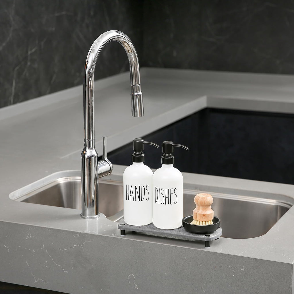 MOMEEMO White Soap Dispenser Set Comes with Stainless Pumps, Black Instant Dry Tray, and Dish Scrub Brush, Suitable for Kitchen Decor and Accessories. (White & Black)