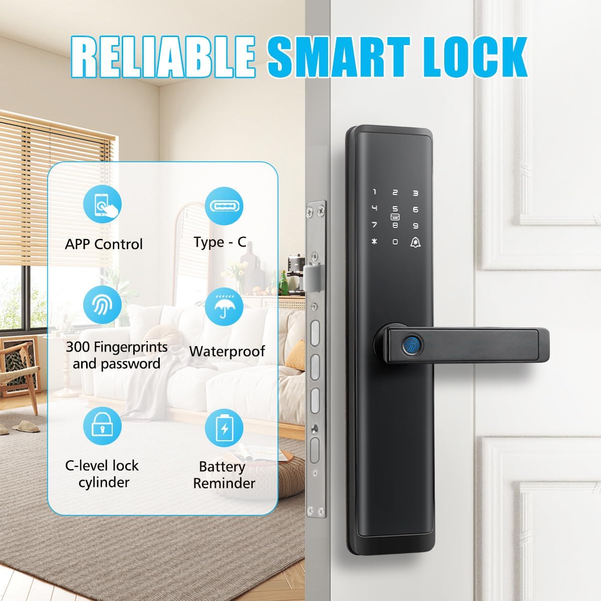 Fingerprint Door Lock with Handle - Tuya App Control & Mechanical Key Backup - 5-in-1 Keyless Entry Smart Lock - Fits 1.38-4.72inch Doors, Auto Lock & USB Emergency Power for Home, Office