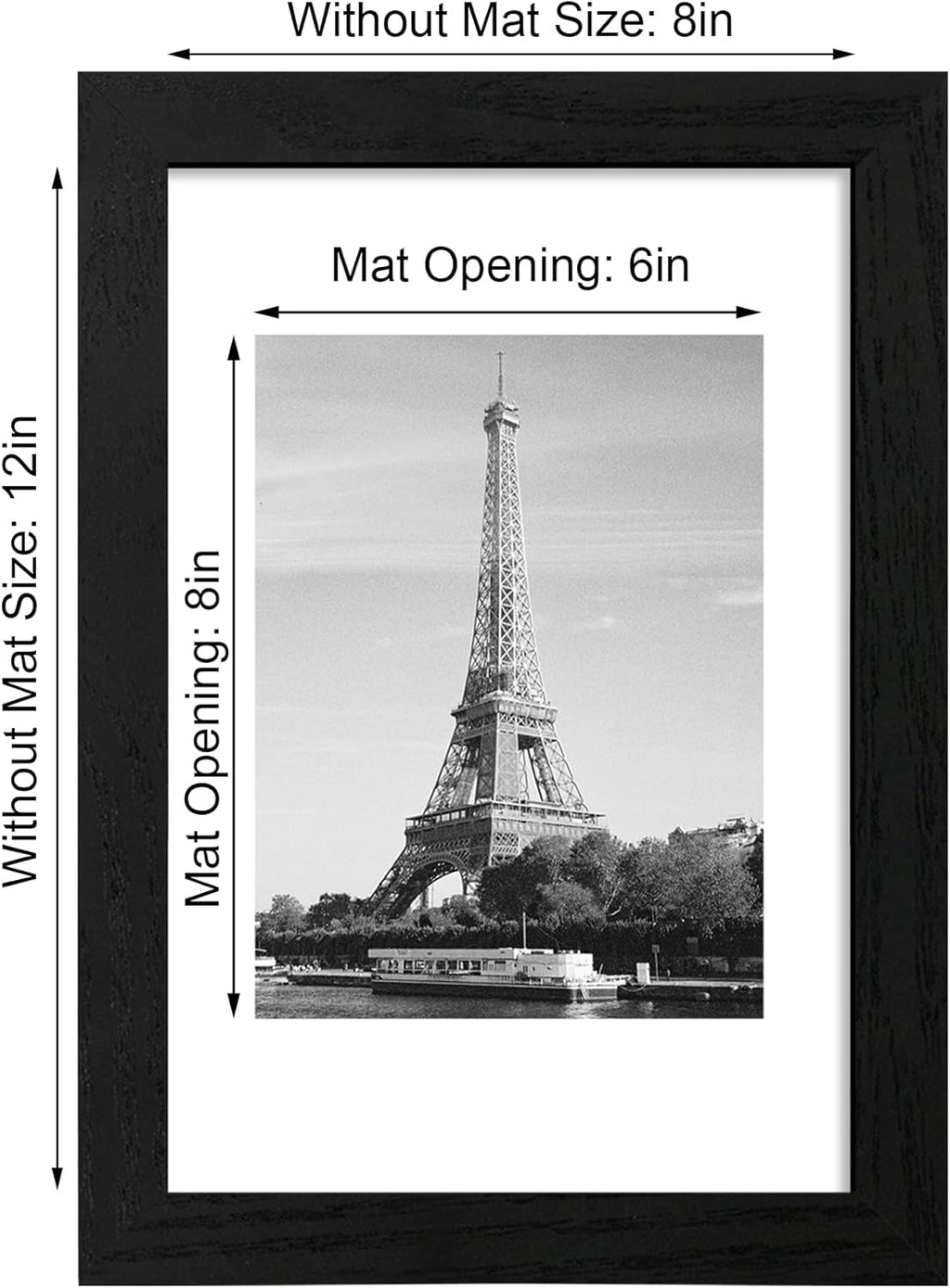 iRahmen 8x12 Picture Frame Set of 4 with HD Glass, Black Frame Display 6x8 Picture with Mat or 8 x 12 Without Mat, Wood Rustic Photo Frame for Tabletop and Wall Mounting