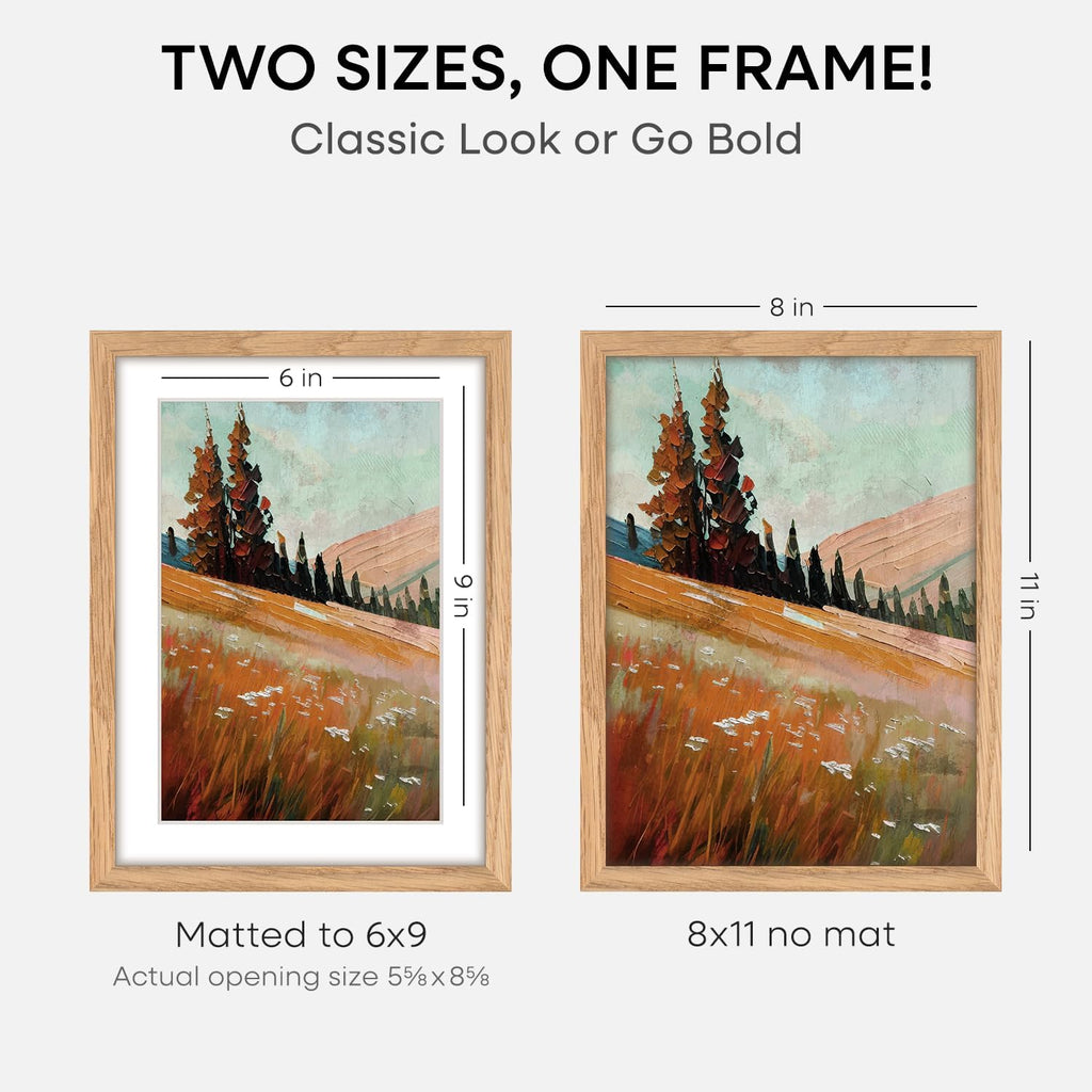 Homeforia 8x11 Picture Frame Wood, High End Natural Oak 8 x 11 Light Wooden Frames with Mat 6 by 9 inch Photo, 8by11 Frame Matted to 6x9 Art, Wall or Tabletop Frame, Tempered Glass, Wall Kit, Set of 1