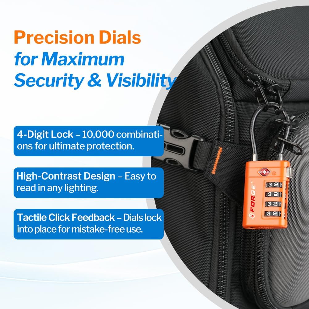 Forge TSA Approved Luggage Locks 4 Digit Combination TSA Travel Locks with TSA008, Open Alert Indicator, Zinc Alloy Body for Luggage, Suitcase, Backpack, and More. Orange 4 Locks.