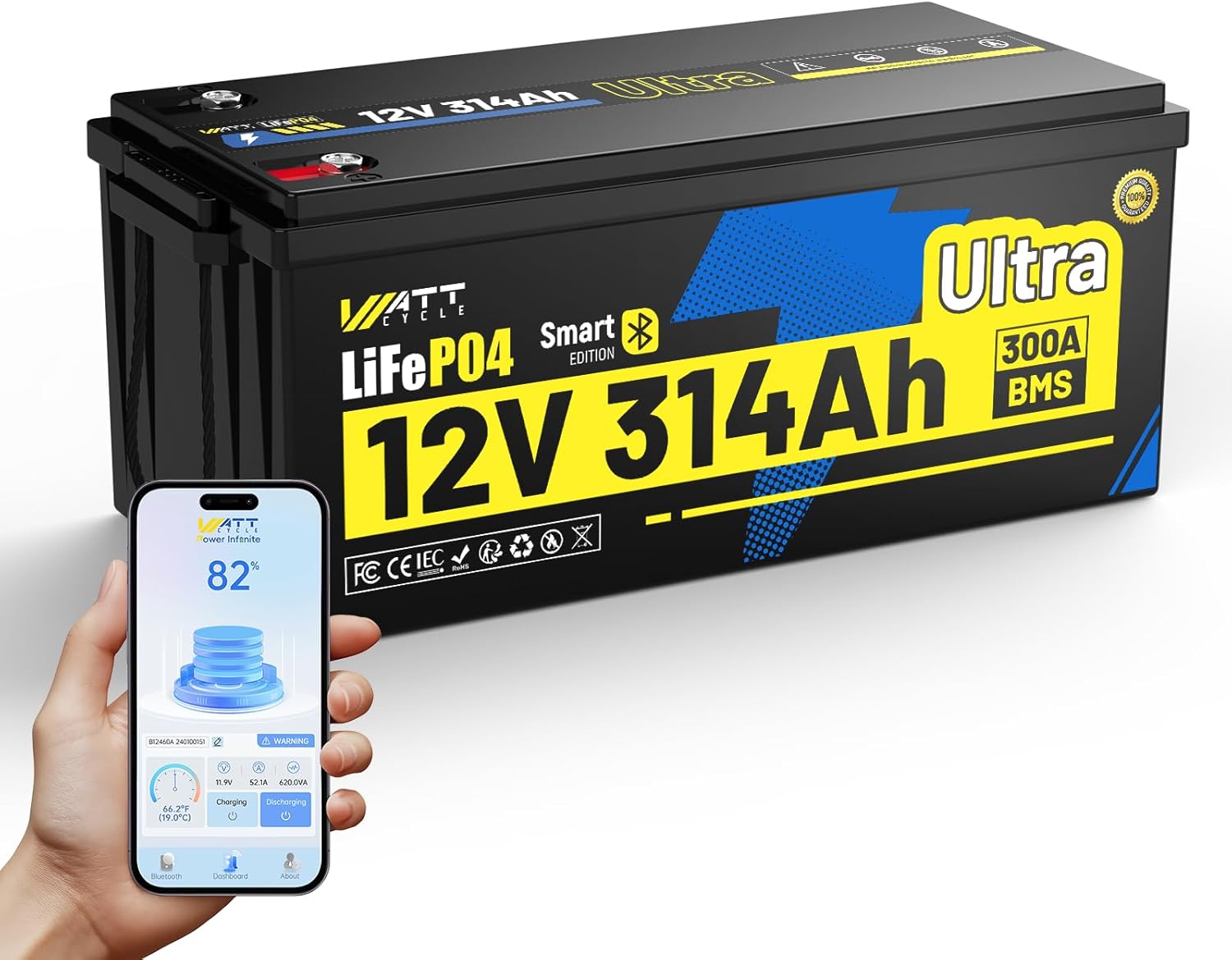 WattCycle 12V 314Ah Lithium Battery, LiFePO₄ Battery 12V 300A BMS, Lithium RV Batteries Built-in Bluetooth, IP65 Marine Batteries, Perfect for Home Energy Storage, RV, Marine, Solar, Off-Grid