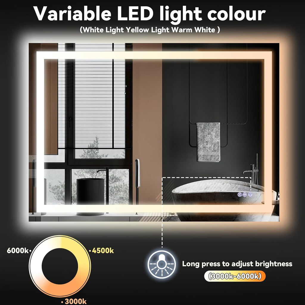 VooBang LED Wall Mounted Mirror with Lights, 24x32 inches Bathroom Mirror, Button to Adjust Lights, Three Lighting Modes, Tempered Glass with Anti-Fog Function, Suitable for Vanity and Bedroom, White