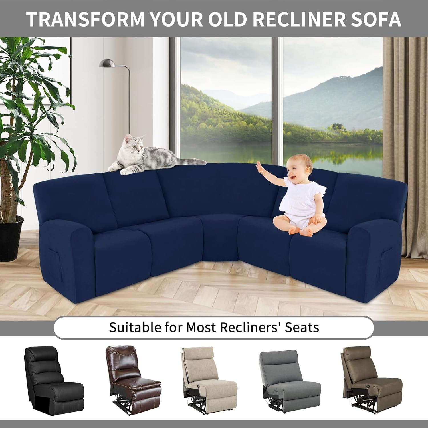 Easy-Going 100% Waterproof Recliner Cover Additional Seat Cover for Reclining Couch, Stretch Sofa Covers Washable Furniture Protector for Kids & Pets, 1 Seat, Navy