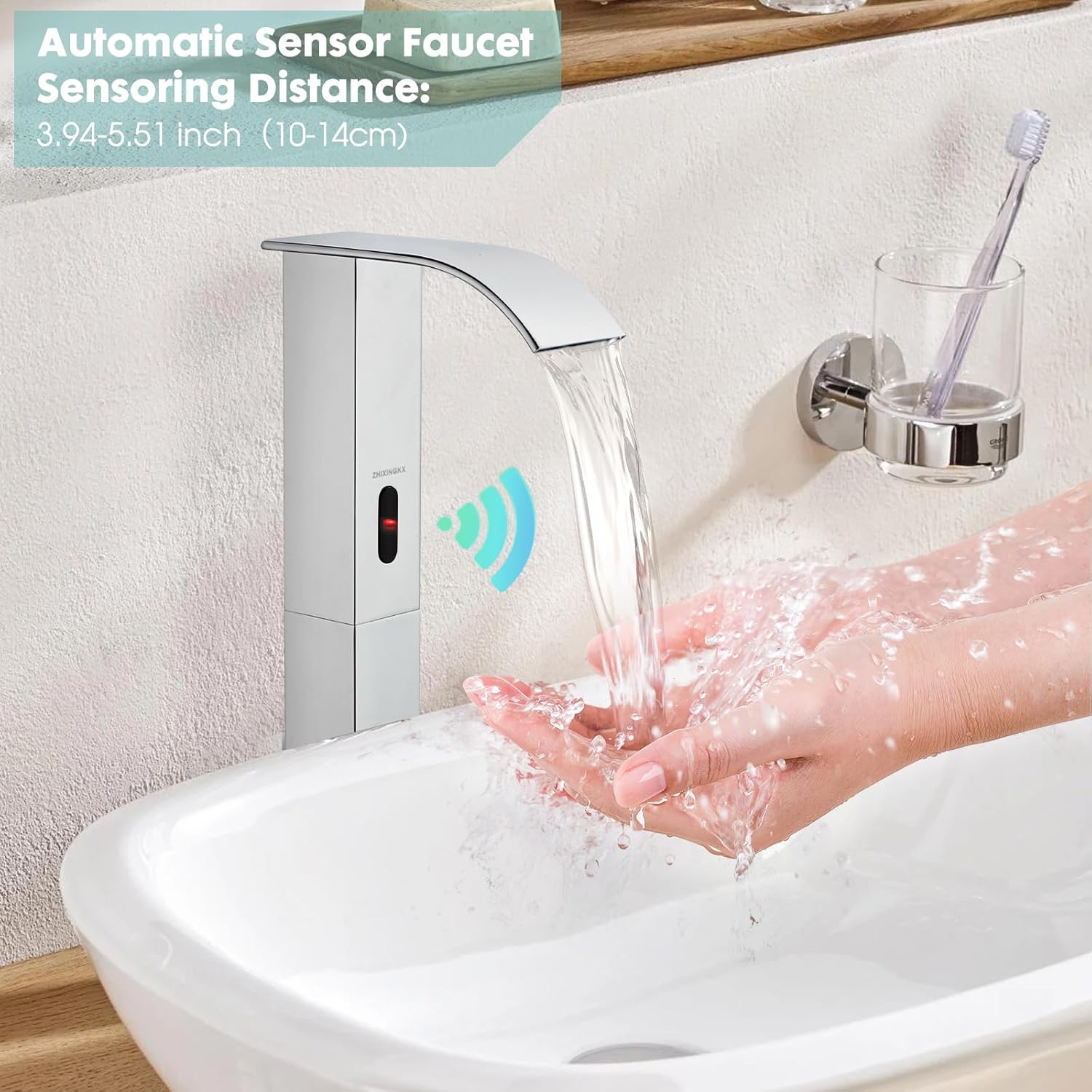 Touchless Bathroom Sink Faucets for 1 Hole, Hands-Free Automatic Motion Sensor Faucets with Tall Body,Black Waterfall Sink Faucets for Bathroom (Tall Body, Chrome)