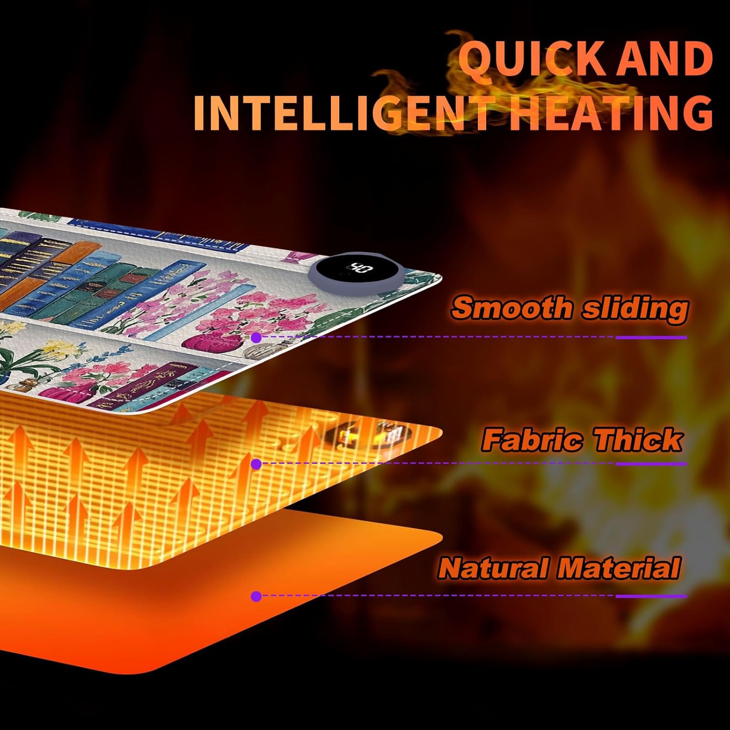 Heated Mouse Pad 31.5x13 in 3-Temp Fast Heating Desk Mat with Auto Timer Warmer for Hands Wrist Pain Relief Waterproof Keyboard Mat for Office, Gaming, Home, Bookshelf Floral