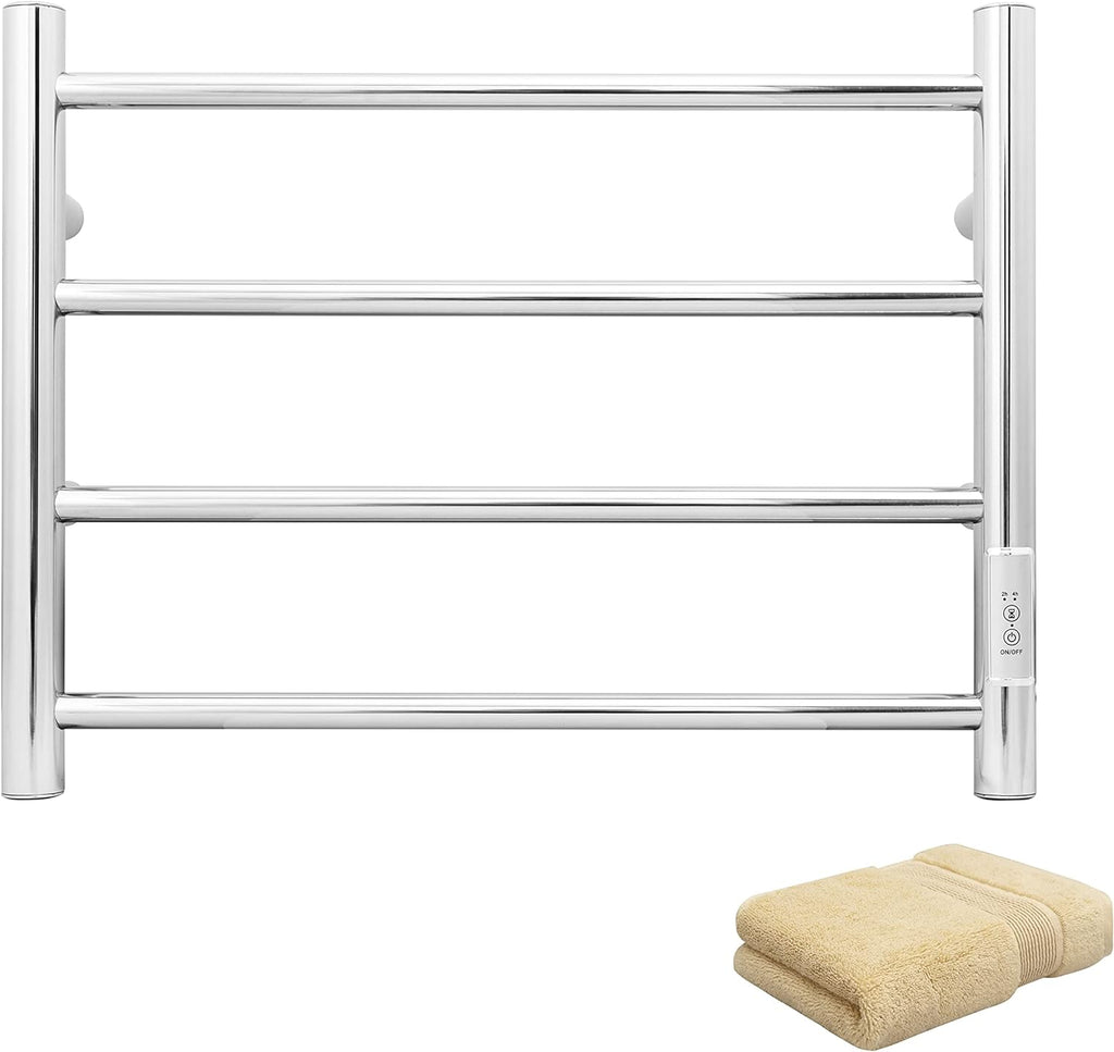 KEG Towel Warmer Wall Mounted with Built-in Timer 4 Bars Electric Stainless Steel Heated Towel Racks for Bathroom, Hot Plug-in Bath Towel Heater Brushed Nickel