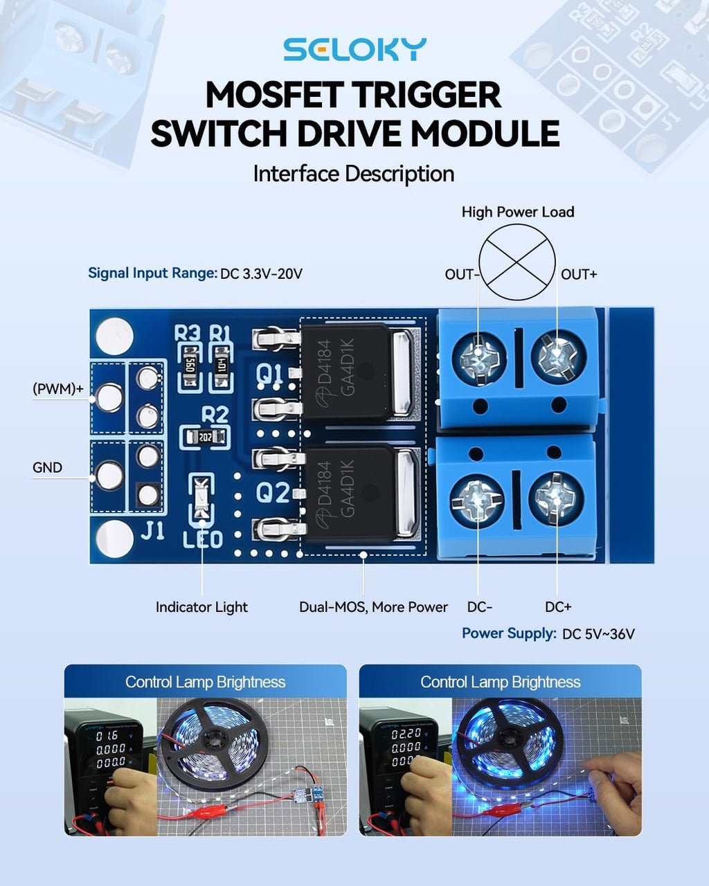 Dual High-Power MOSFET Trigger Switch Drive Module 0-20KHz PWM Adjustment Electronic Switch Control Board Motor Speed Controller Lamp Brightness Control, DC 5V-36V 400W, 15A (Max 30A) (30PCS)