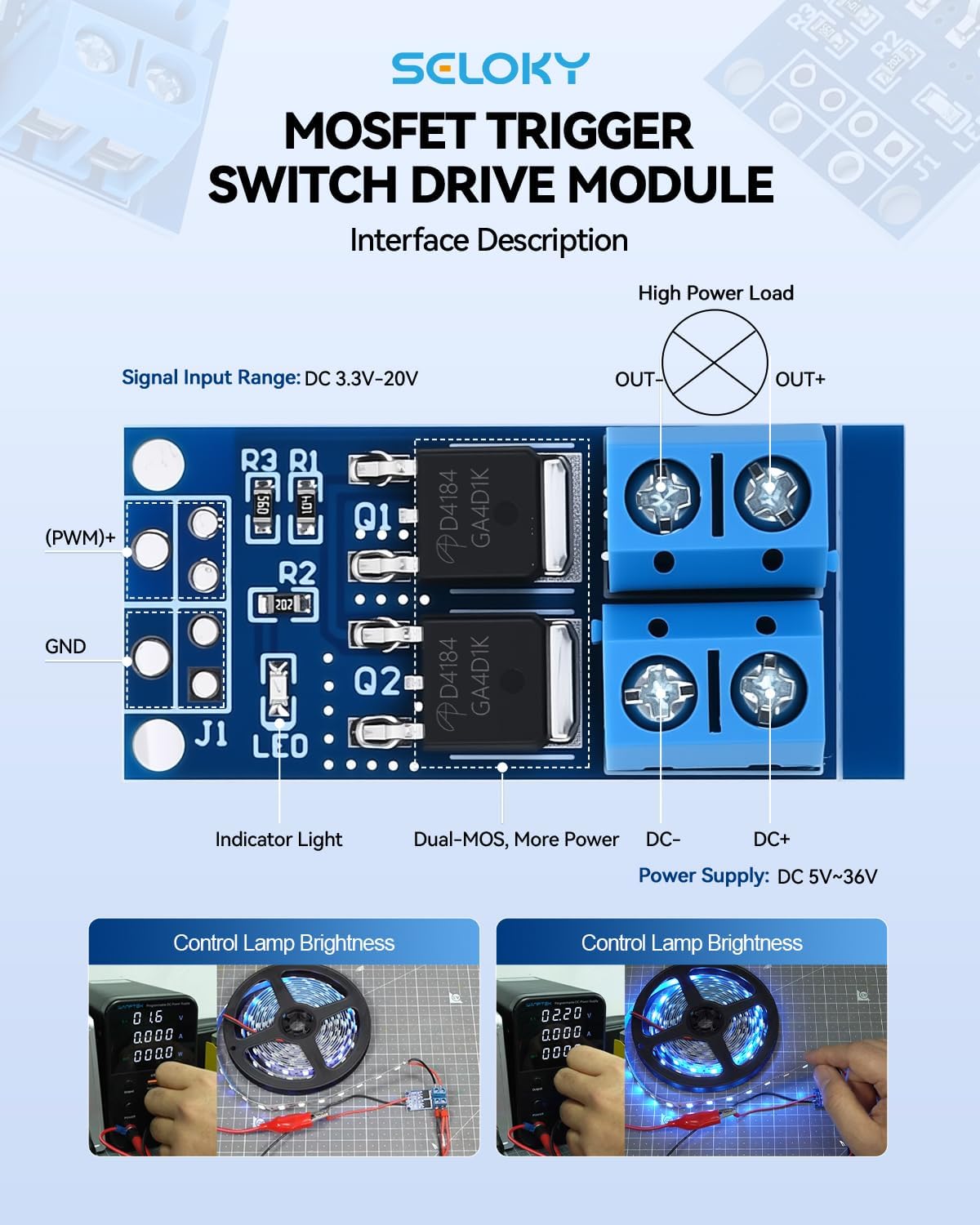 6PCS Dual High-Power MOSFET Trigger Switch Drive Module 0-20KHz PWM Adjustment Electronic Switch Control Board Motor Speed Controller Lamp Brightness Control, DC 5V-36V 400W, 15A (Max 30A)