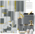 Bathroom Set - Grey and Gold Bathroom Accessories Set, Bathroom Sets with Shower Curtain and Rugs, Grey Shower Curtain Set with Bathroom Trash Can, Soap Dispenser, Soap Dish for Home Decor