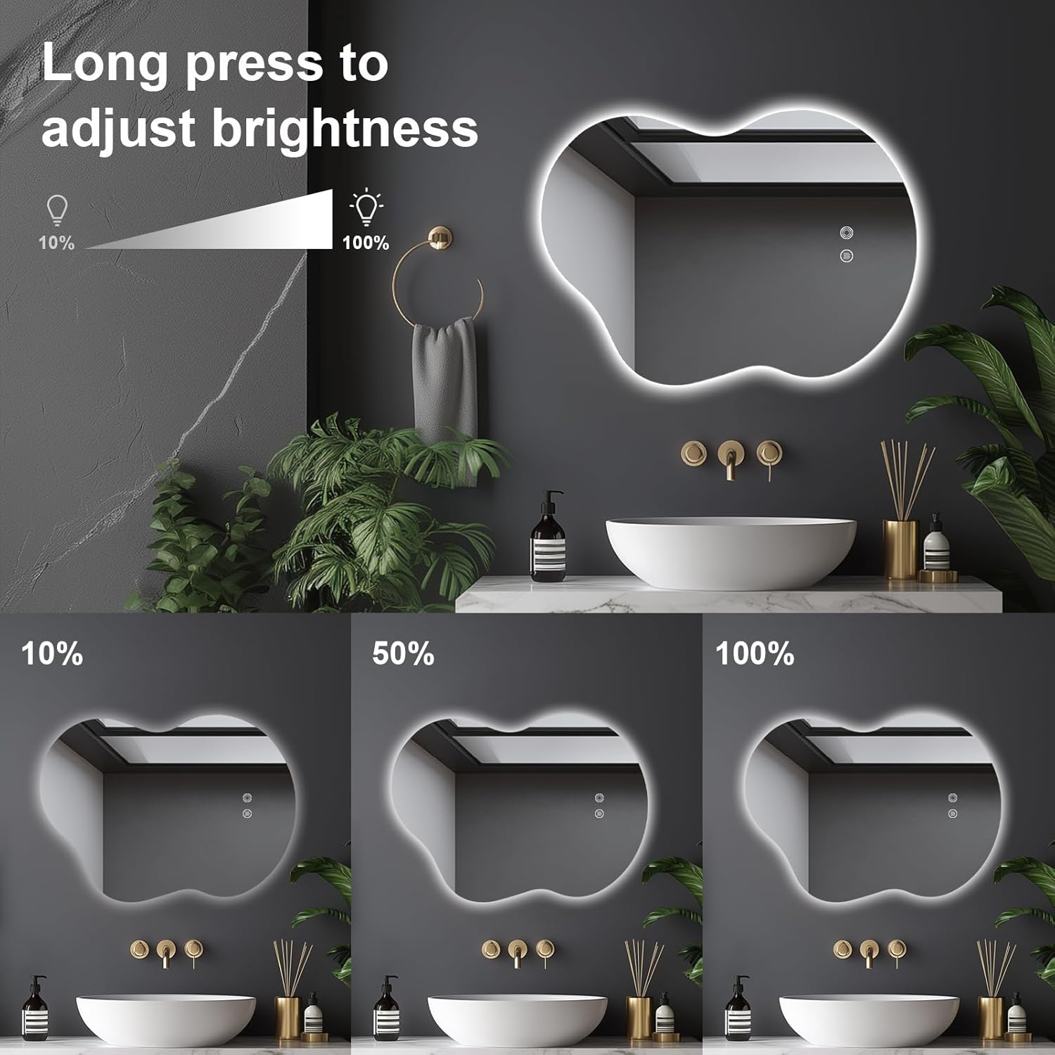 30"x22" Irregular LED Bathroom Mirror with Front & Backlight, Anti-Fog, Dimmable, 3 Color Modes, Wall-Mounted [Horizontal/Vertical]