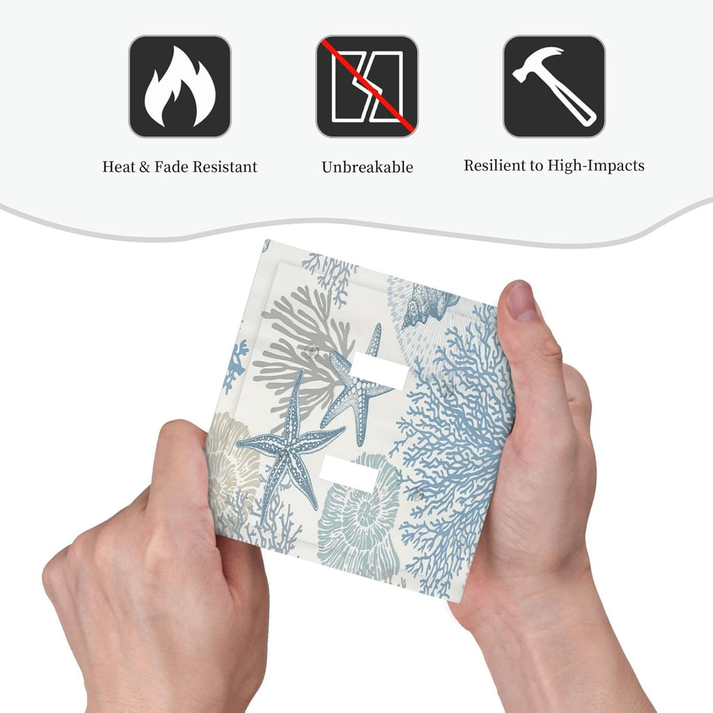 Decorative Light Switch Plate Covers Blue Starfish Coral Seaweed 2 Gang Light Switch Cover Plate Double Toggle Wall Plate Outlet Covers for Bathroom Bedroom Decor （2 Pack）