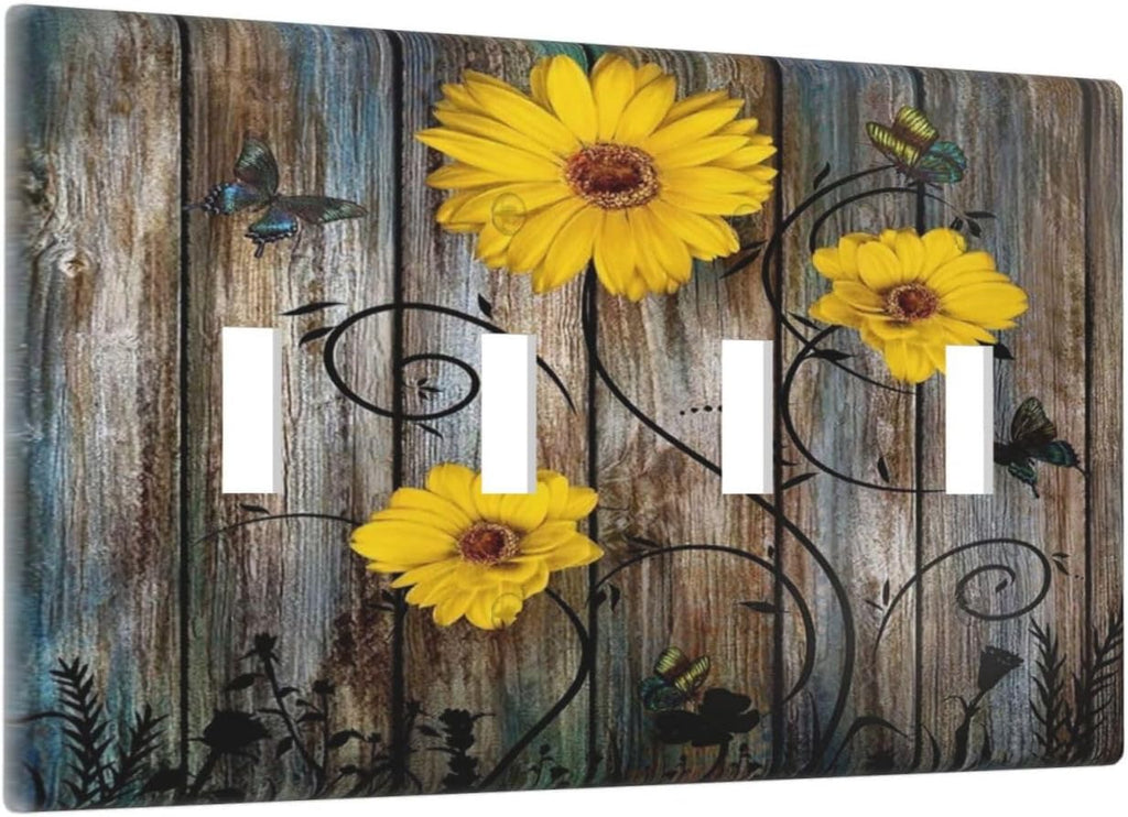 Rustic Barn Sunflower Wooden Daisy Flower Plank Light Switch Covers Quad Toggle Electrical Faceplate 4 Gang Wall Plate Decorative Switch Plates for Farmhouse Home Decor