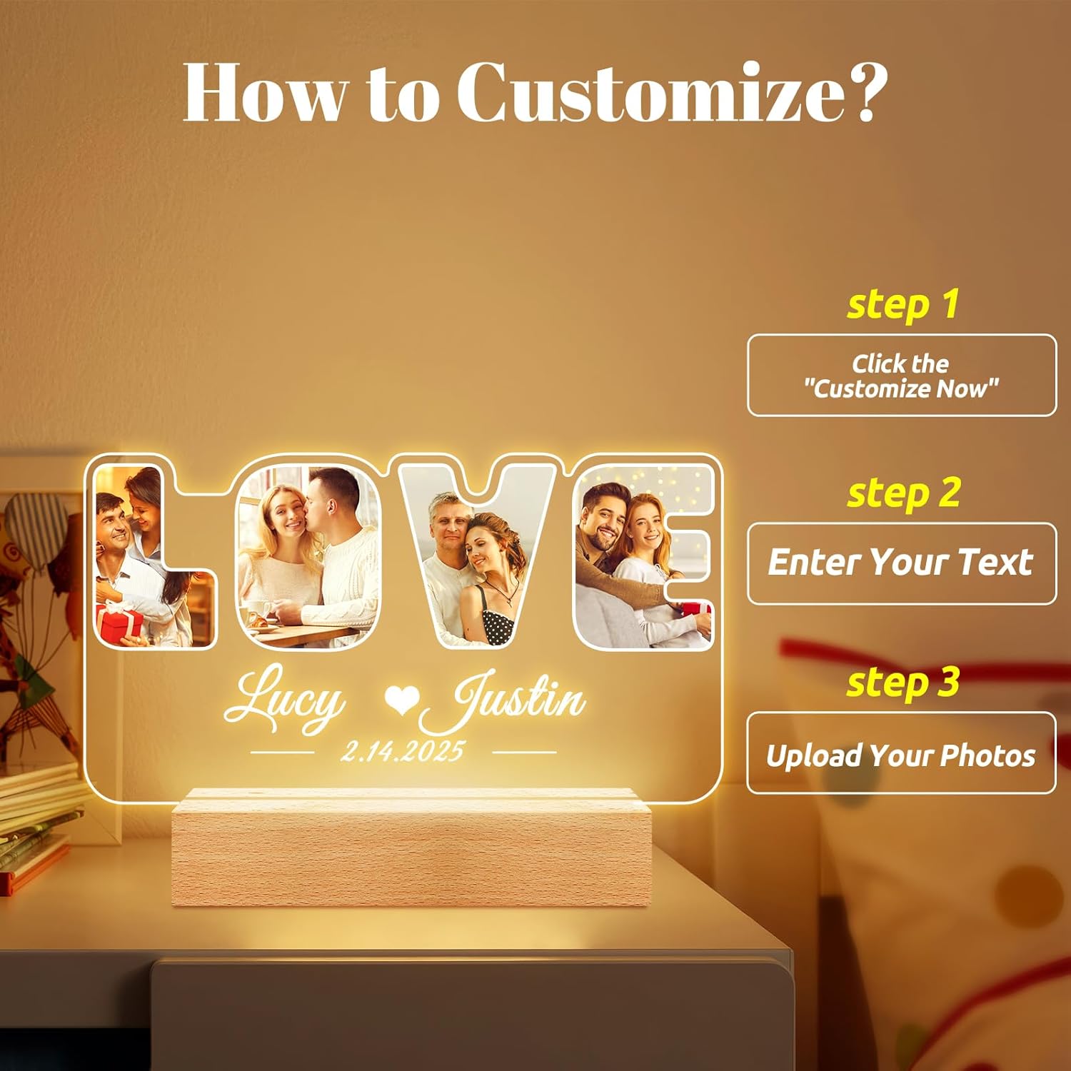 Custom Picture Frames with Photo, Personalized Photo Frame with Night Light, Customized Picture Frame, Personalized Anniversary Valentines Day Gifts for Women Men Her Him Girlfriend Boyfriend Couple