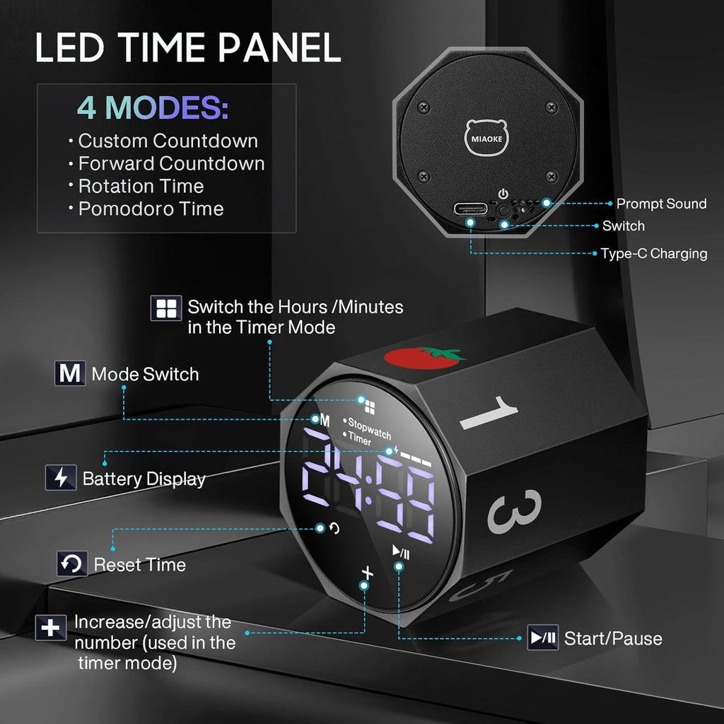 MIAOKE Pomodoro Timer-Aluminum Alloy Frosted Metal LED Large Screen Digital Automatically Rotated Display, Focus Efficient Management on Work and Study, Office, Living Room-Black