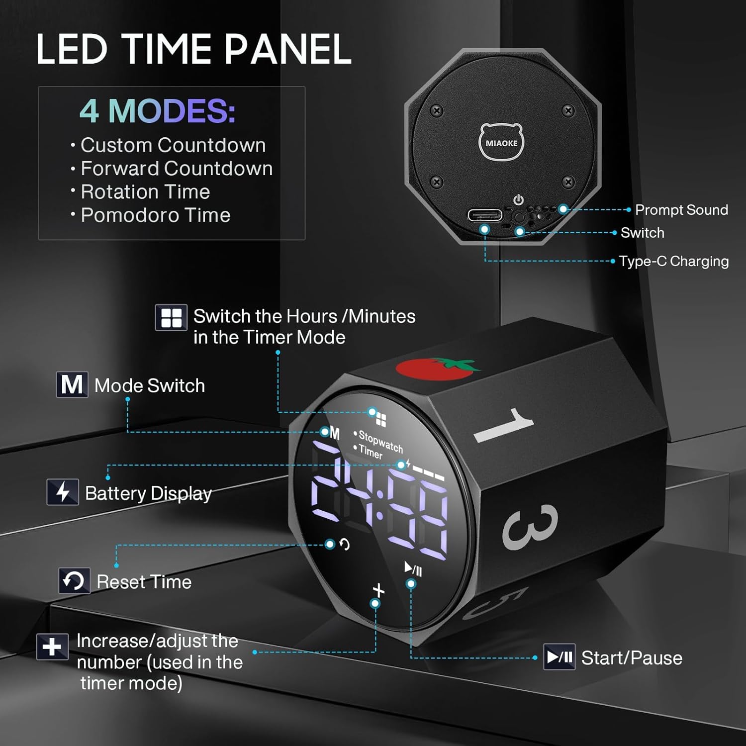 MIAOKE Pomodoro Timer-Aluminum Alloy Frosted Metal LED Large Screen Digital Automatically Rotated Display, Focus Efficient Management on Work and Study, Office, Living Room-Black