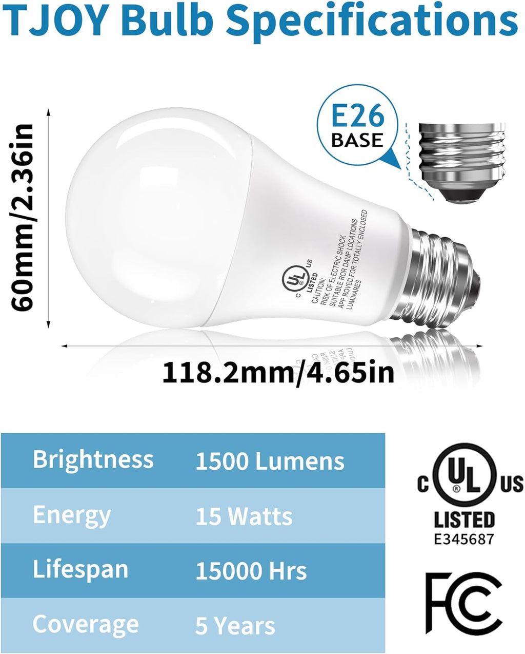 TJOY 20 Pack LED Light Bulbs, 100 Watt Equivalent A19, 5000K Daylight LED Bulbs, 15W Bright White Light Bulbs, Energy Saving Light Bulb with E26 Standard Base, 1500 Lumens Non Dimmable Lamp Bulb